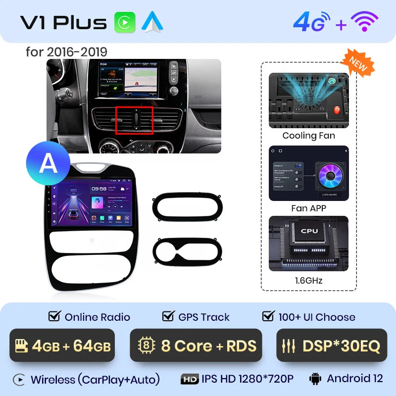 Autoradio CarPlay V1Pro AI Voice 2 DIN avec Android Auto, compatible Renault Clio 4 - Clio 4 RS- (2012-2019), GPS multimédia 4G pour voiture.