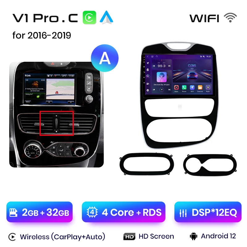 Autoradio CarPlay V1Pro AI Voice 2 DIN avec Android Auto, compatible Renault Clio 4 - Clio 4 RS- (2012-2019), GPS multimédia 4G pour voiture.