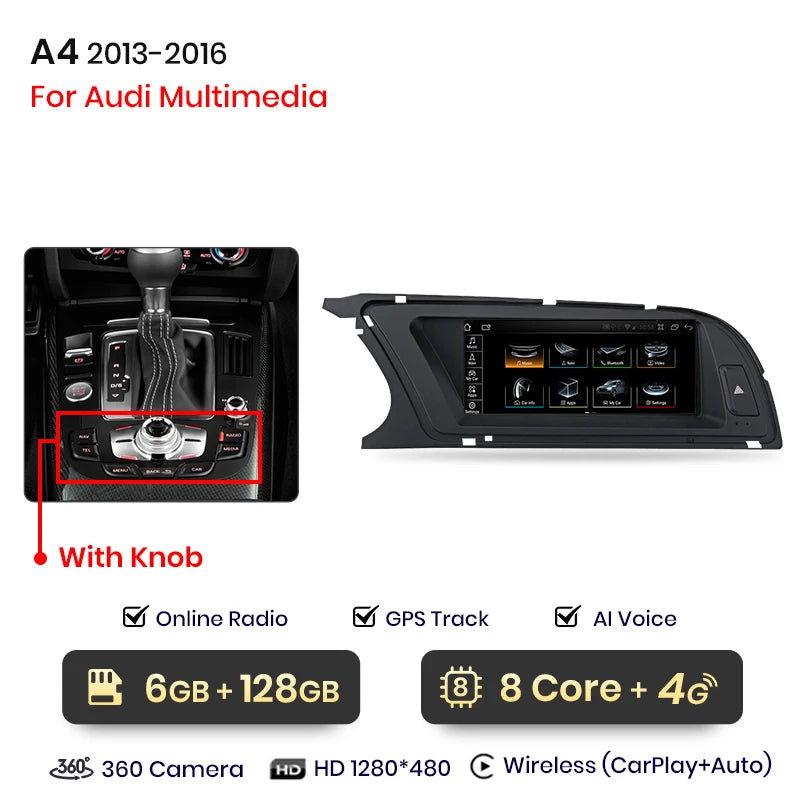 Autoradio multimédia avec CarPlay sans fil Audi A4 / A4L B8 (2009 à 2016) – Compatible Apple CarPlay, Android Auto, Bluetooth, 4G - non compatible audi CD changer