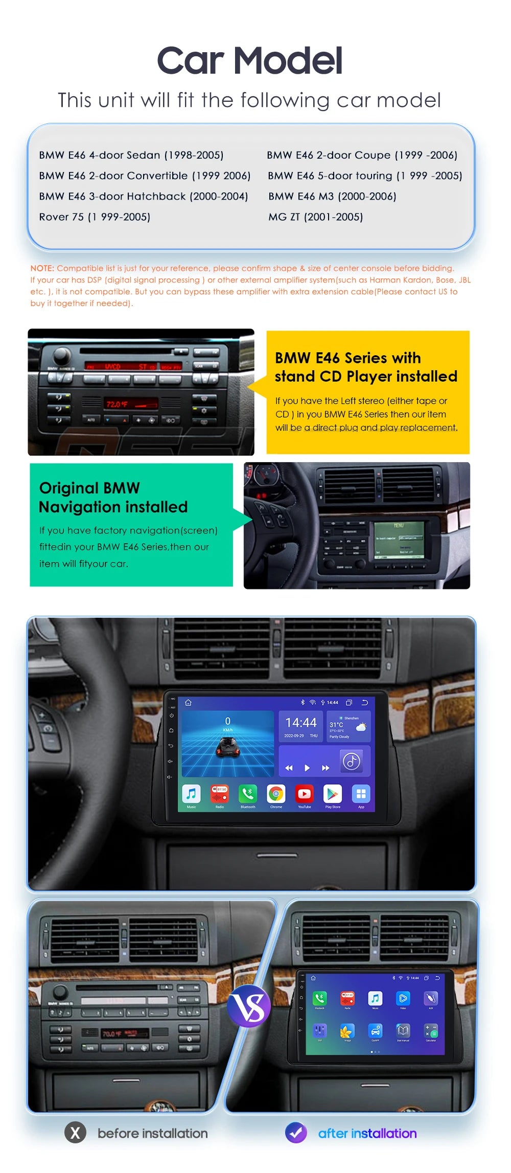 Apple Carplay Autoradio BMW M3 E46 1998 - 2006 Auto GPS RDS QLED Screen