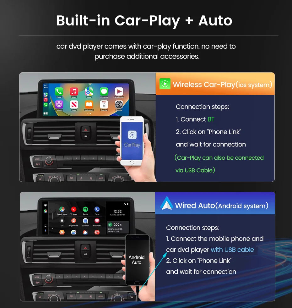 Écran multimédia sans fil CarPlay & Android Auto pour BMW Série 1, 2, 3, 4 (F20, F21, F22, F30, F31, F32, F33, F34, F36) – Version EU, 4G LTE, Bluetooth 5.0