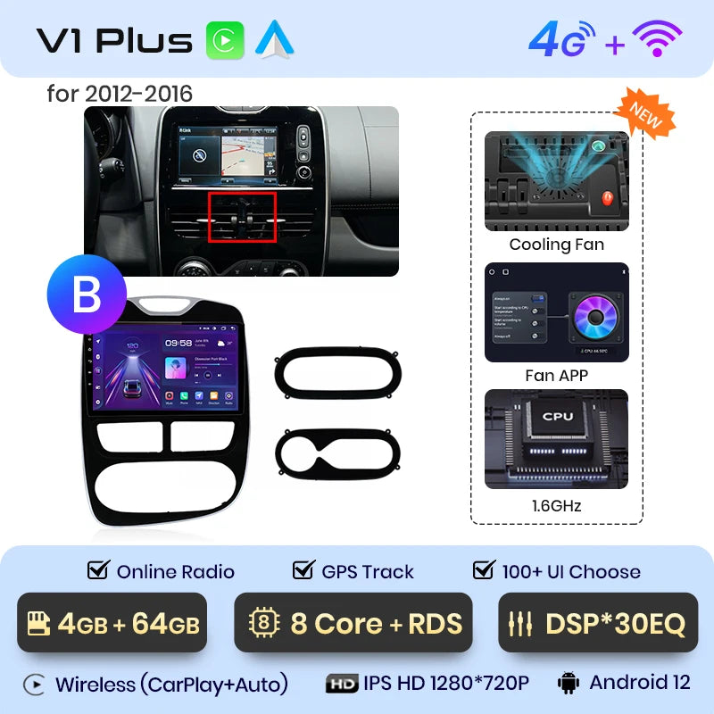 Autoradio CarPlay V1Pro AI Voice 2 DIN avec Android Auto, compatible Renault Clio 4 - Clio 4 RS- (2012-2019), GPS multimédia 4G pour voiture.