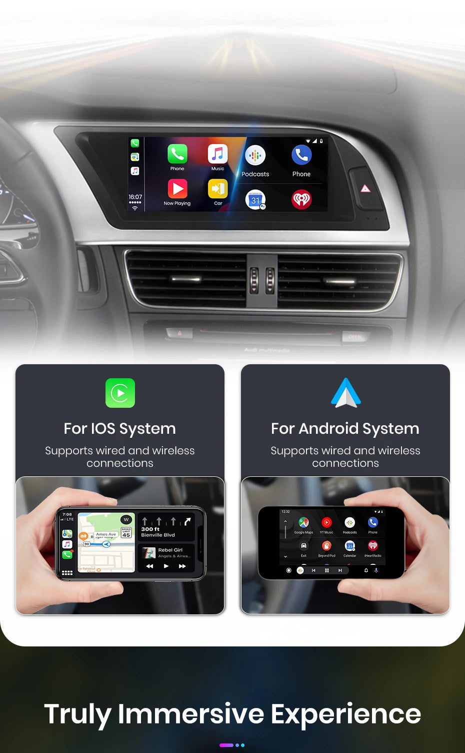 Autoradio multimédia avec CarPlay sans fil Audi A4 / A4L B8 (2009 à 2016) – Compatible Apple CarPlay, Android Auto, Bluetooth, 4G - non compatible audi CD changer