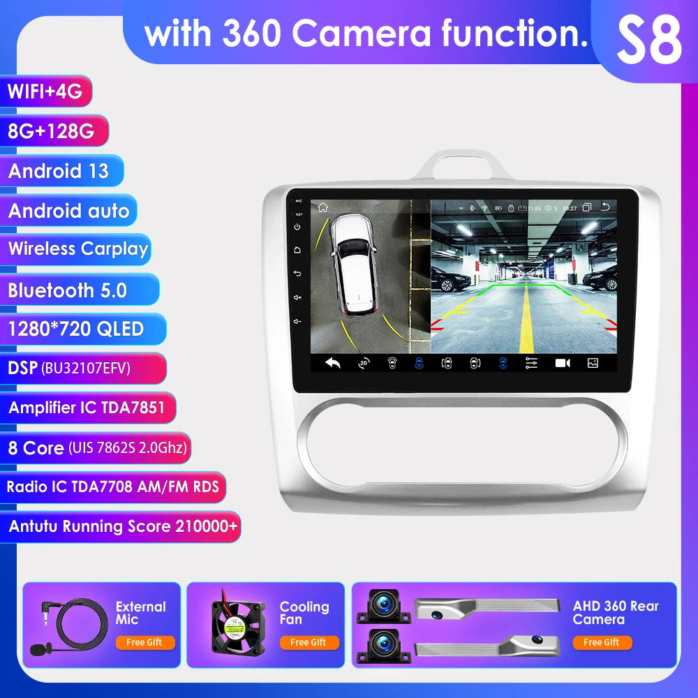 utoradio Android 9" Hizpo 2DIN avec GPS, Bluetooth, 4G, RDS, DSP, SWC et CarPlay – Compatible Ford Focus 2 Mk2 (2004-2011), Processeur UI7862