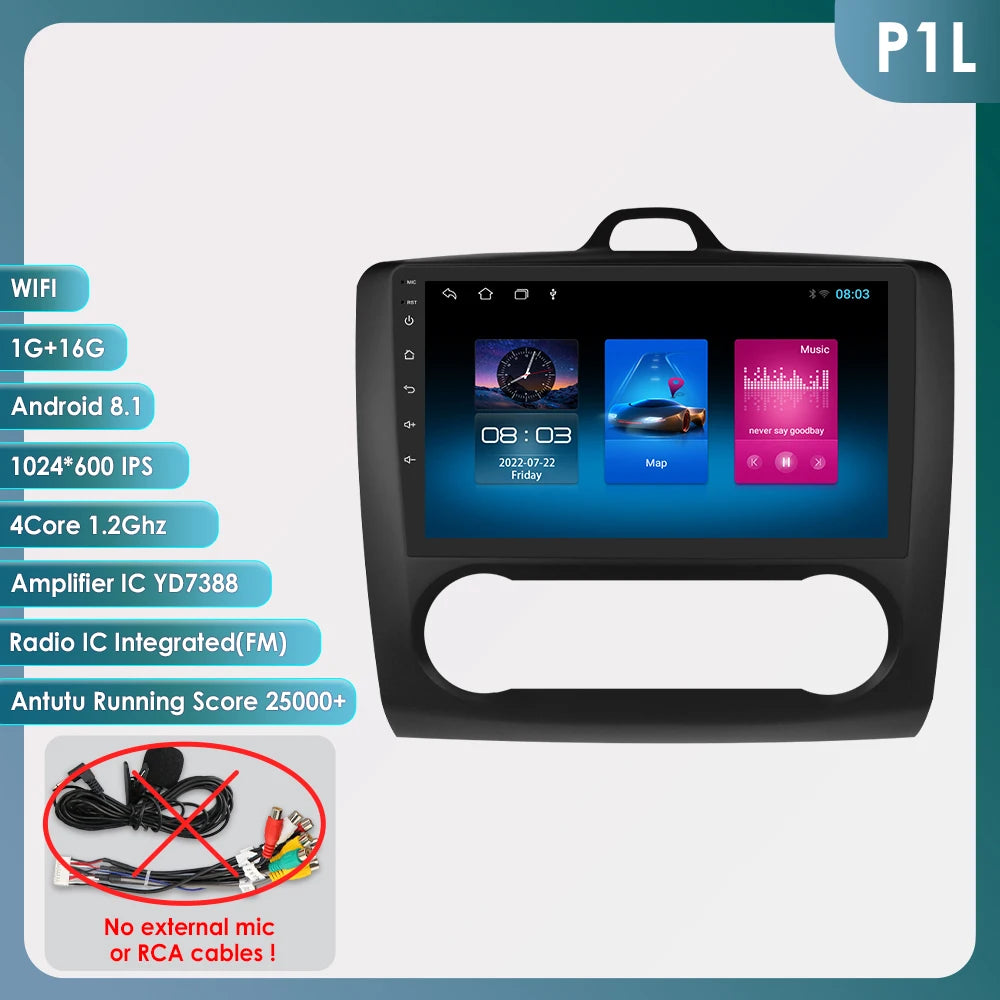 utoradio Android 9" Hizpo 2DIN avec GPS, Bluetooth, 4G, RDS, DSP, SWC et CarPlay – Compatible Ford Focus 2 Mk2 (2004-2011), Processeur UI7862