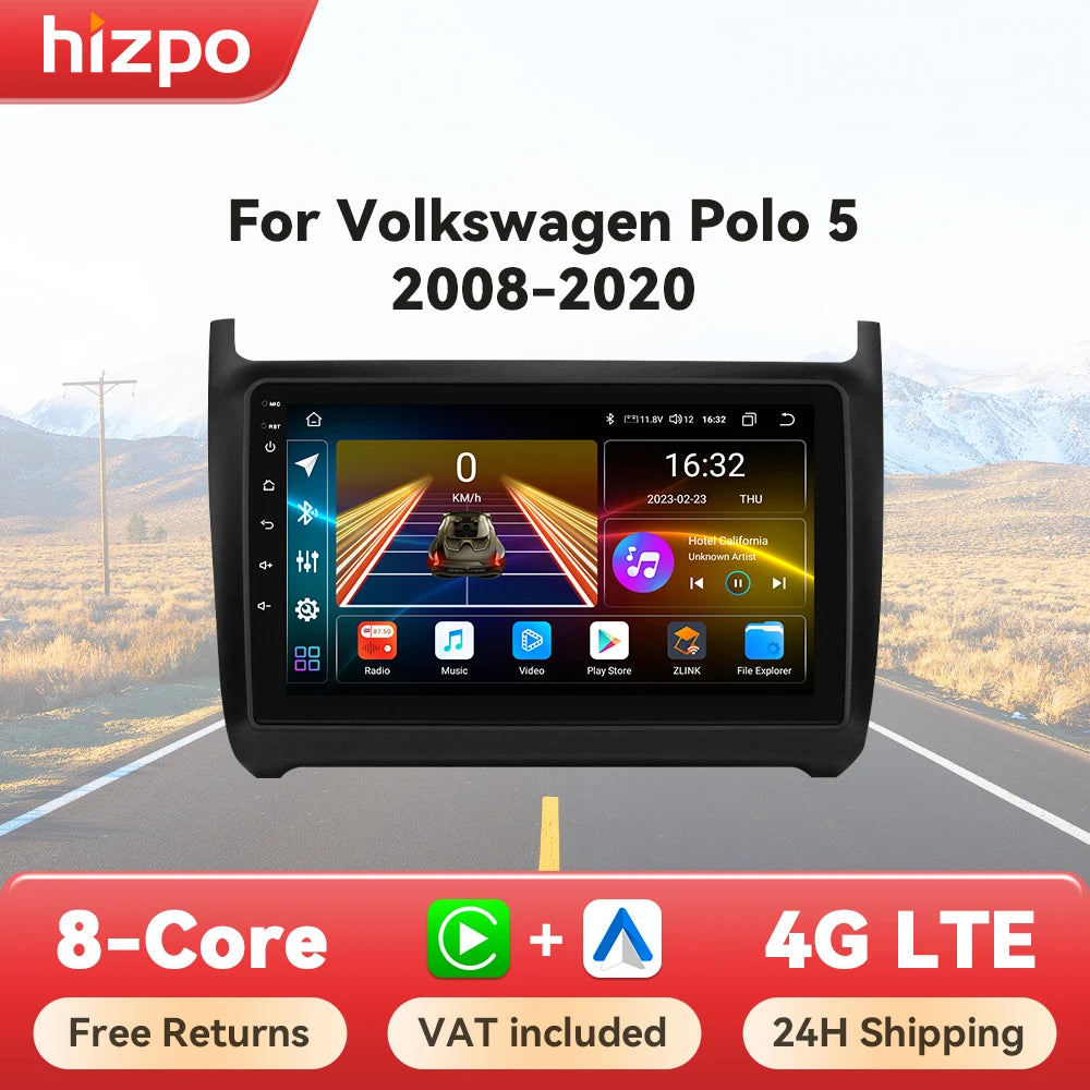 Autoradio CarPlay 2 DIN Android 13 pour Volkswagen Polo 5 (2008–2020)