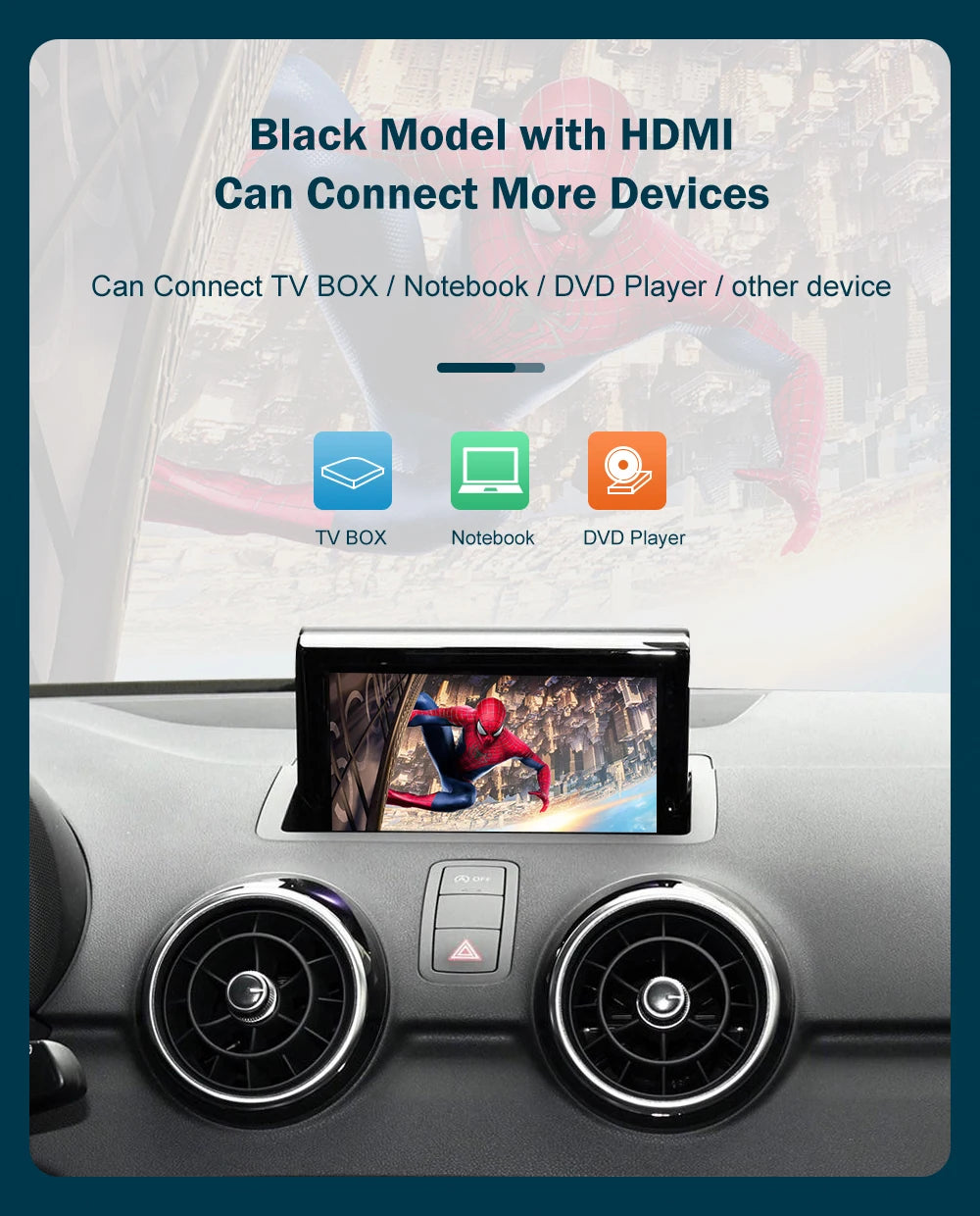 Autoradio écran avec CarPlay et Android Auto sans fil, compatible Audi A1 (2013-2018) et Q3 (2014-2018) – Systèmes RMC et HN+, avec Mirror Link et AirPlay.