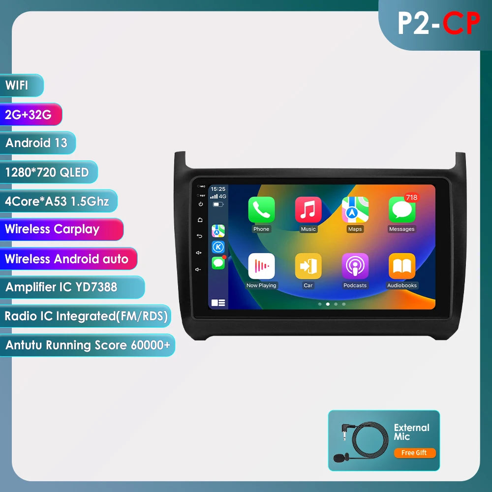 Autoradio CarPlay 2 DIN Android 13 pour Volkswagen Polo 5 (2008–2020)