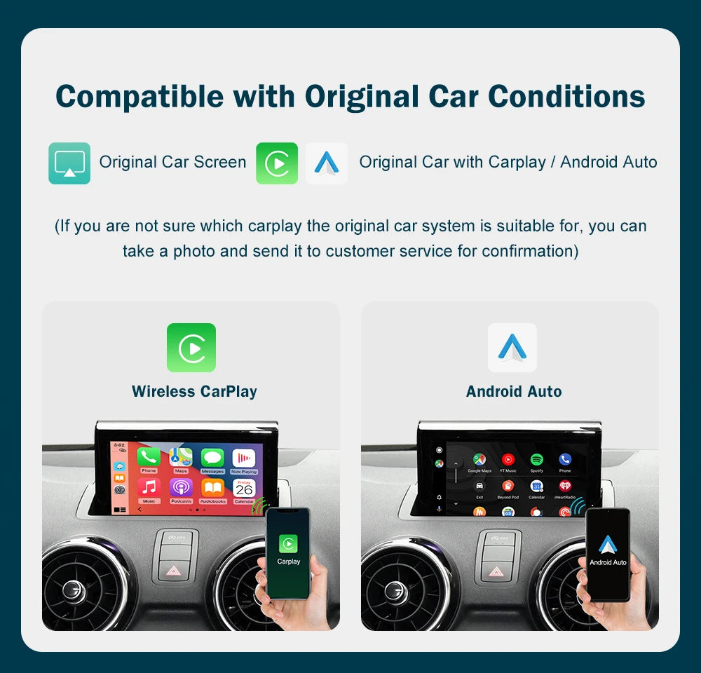 Autoradio écran avec CarPlay et Android Auto sans fil, compatible Audi A1 (2013-2018) et Q3 (2014-2018) – Systèmes RMC et HN+, avec Mirror Link et AirPlay.