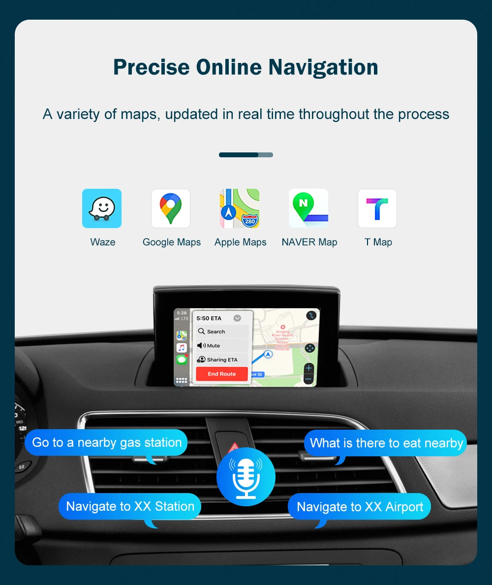Autoradio écran avec CarPlay et Android Auto sans fil, compatible Audi A1 (2013-2018) et Q3 (2014-2018) – Systèmes RMC et HN+, avec Mirror Link et AirPlay.