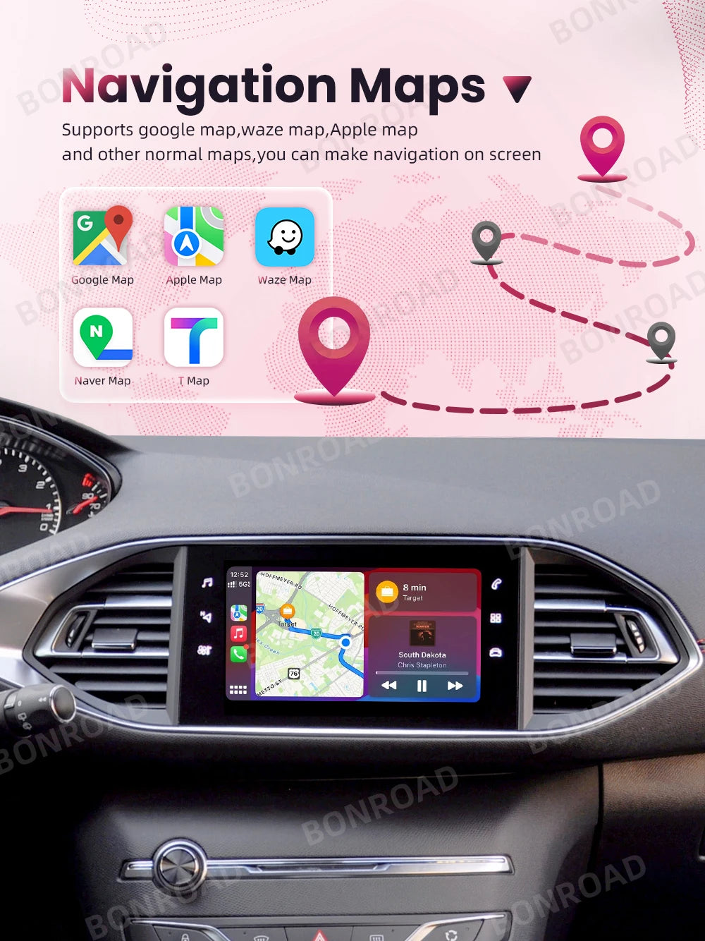 Android Auto et CarPlay sans fil pour Peugeot et Citroën – Compatible avec systèmes SMEG/MRN : Picasso, C4, C5, DS3, DS4, 208, 308, 508, 3008 – Connexion Bluetooth et MirrorLink