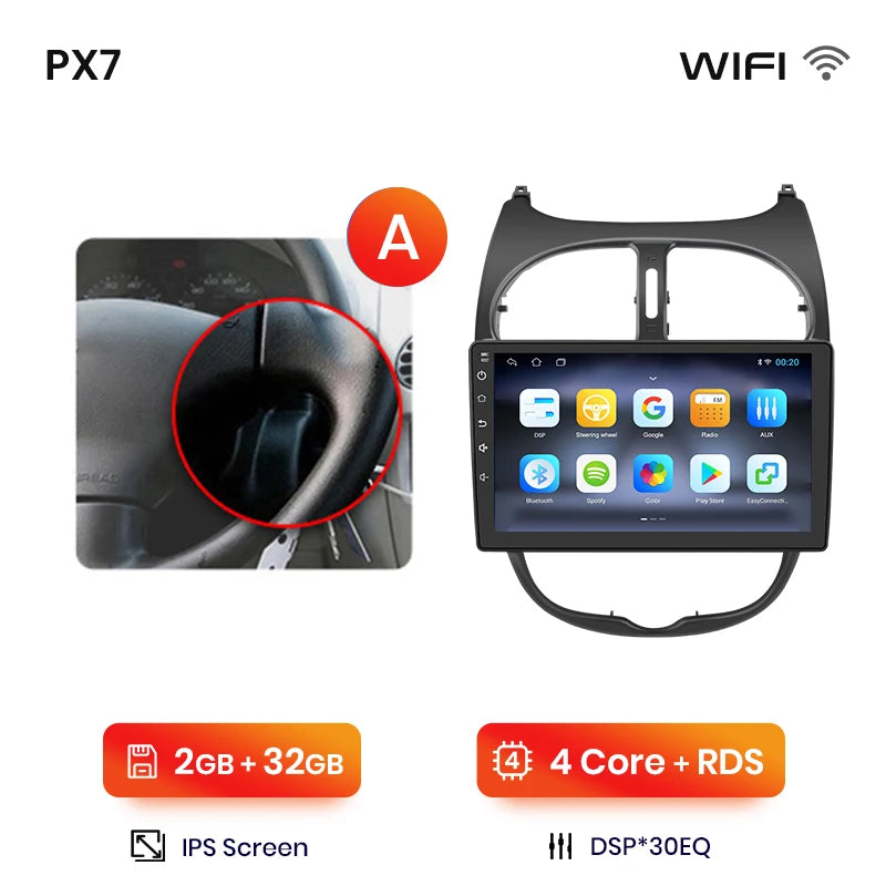 Autoradio écran pour Peugeot 206, 206CC, 206SW avec CarPlay sans fil pour Apple et Android Auto, GPS IPS, RDS, FM, WiFi, Bluetooth 4G, stéréo multimédia à 8 cœurs