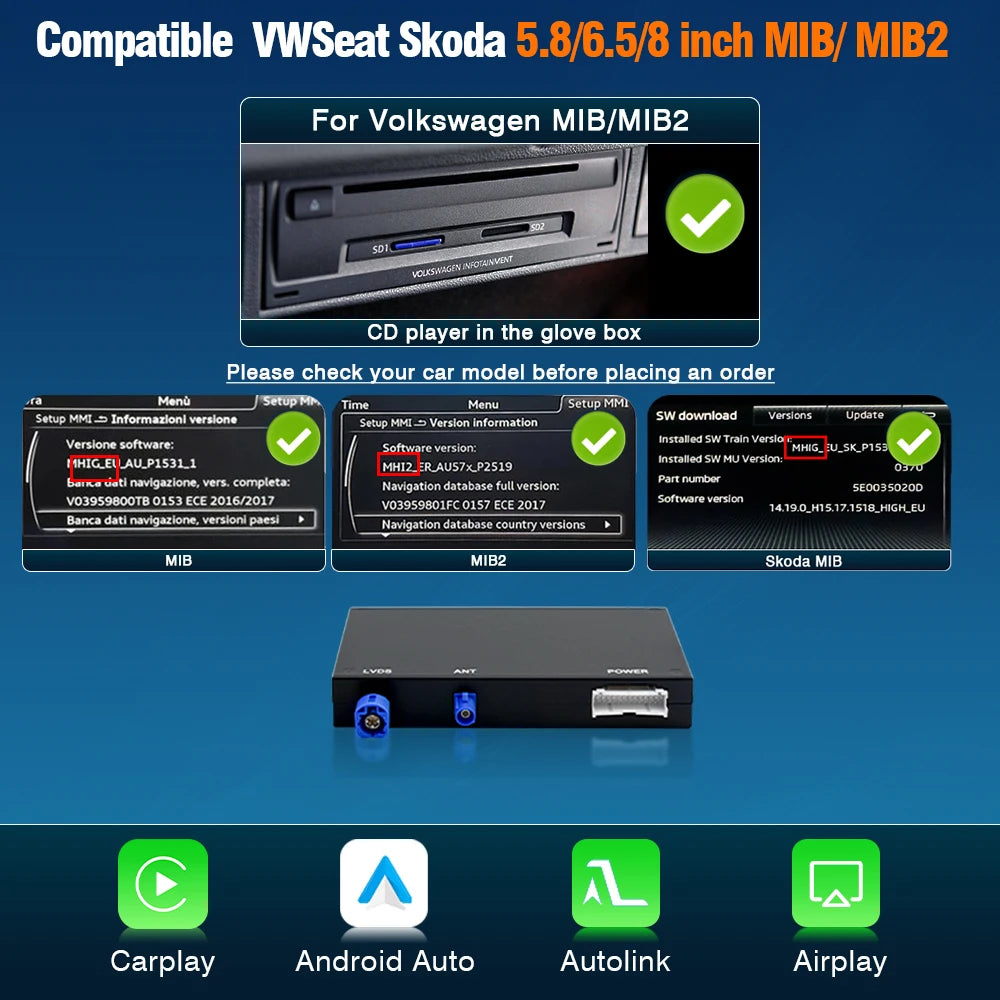 Boîtier CarPlay et Android Auto sans fil pour Volkswagen, Skoda et SEAT | MIB, MIB2 et MIB3