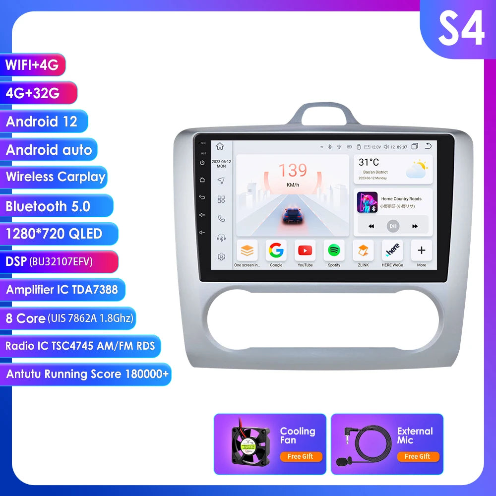 utoradio Android 9" Hizpo 2DIN avec GPS, Bluetooth, 4G, RDS, DSP, SWC et CarPlay – Compatible Ford Focus 2 Mk2 (2004-2011), Processeur UI7862