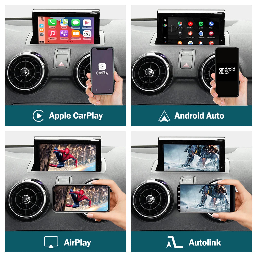 Autoradio écran avec CarPlay et Android Auto sans fil, compatible Audi A1 (2013-2018) et Q3 (2014-2018) – Systèmes RMC et HN+, avec Mirror Link et AirPlay.