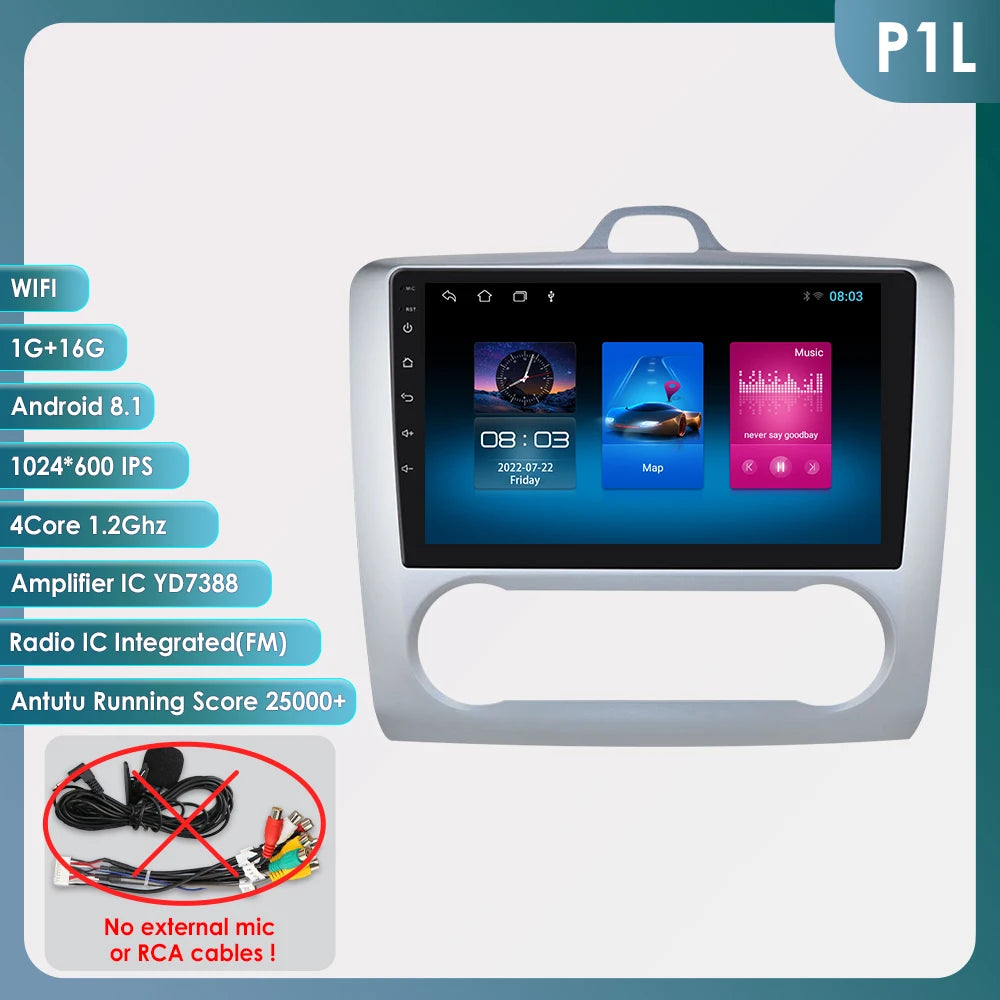 utoradio Android 9" Hizpo 2DIN avec GPS, Bluetooth, 4G, RDS, DSP, SWC et CarPlay – Compatible Ford Focus 2 Mk2 (2004-2011), Processeur UI7862