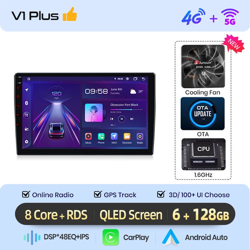 Autoradio Android sans fil Junsun avec CarPlay pour Citroën C2/C3 (2001-2010) – Système intelligent avec RDS, DSP, GPS, FM, Bluetooth et commandes au volant