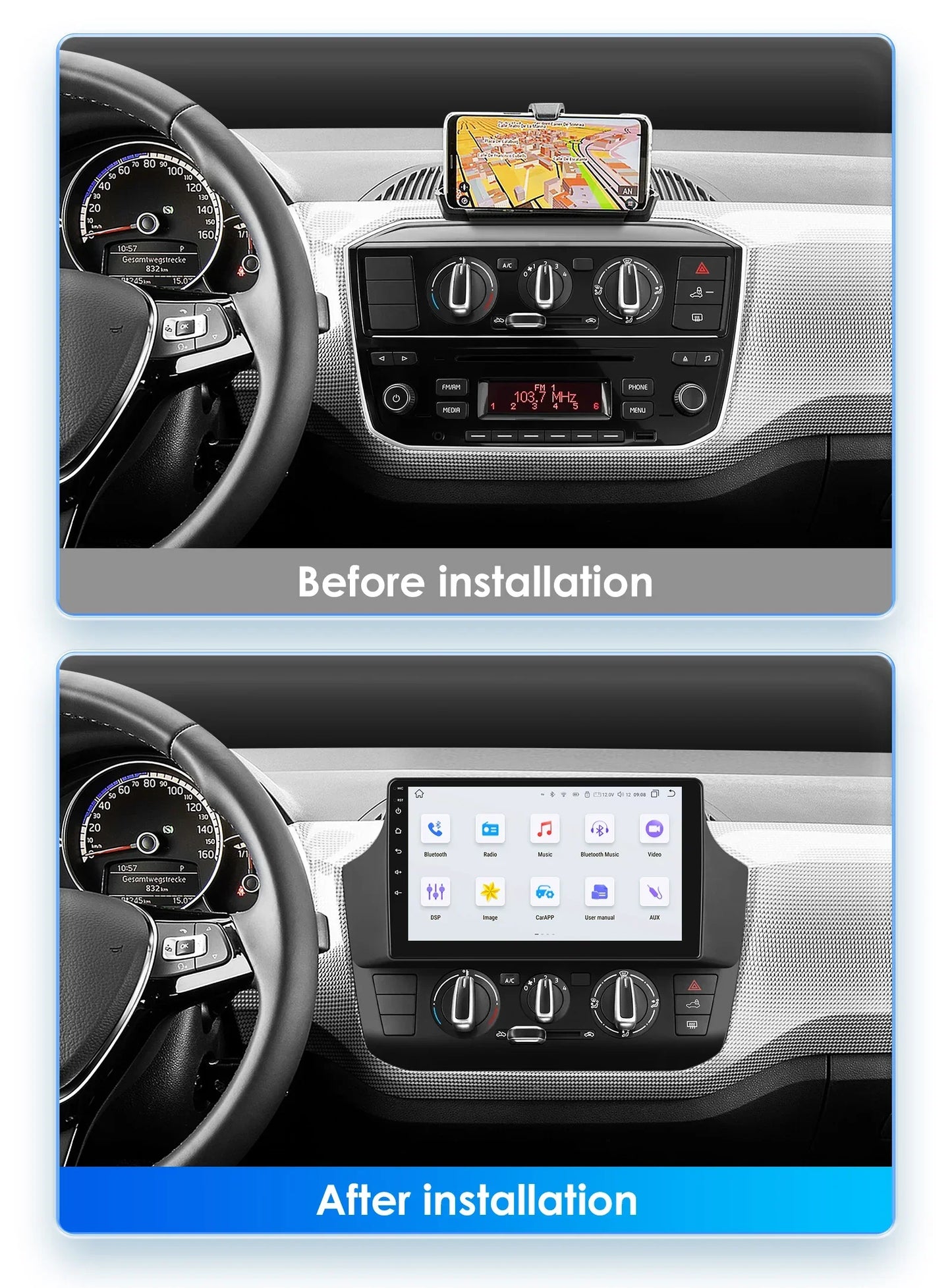 Autoradio Volkswagen UP! (2017 à 2023) – Compatible CarPlay & Android Auto – Écran tactile avec lecteur audio/vidéo