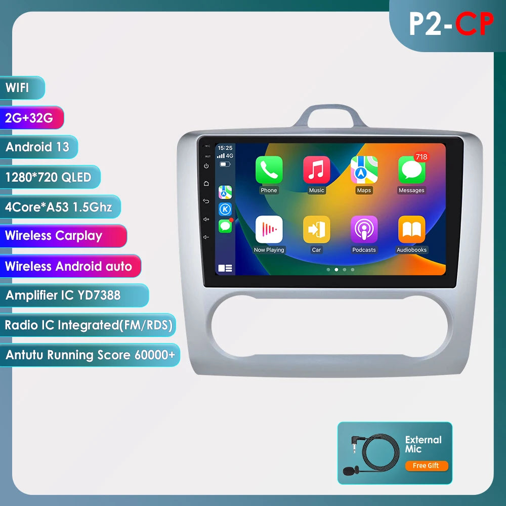 utoradio Android 9" Hizpo 2DIN avec GPS, Bluetooth, 4G, RDS, DSP, SWC et CarPlay – Compatible Ford Focus 2 Mk2 (2004-2011), Processeur UI7862
