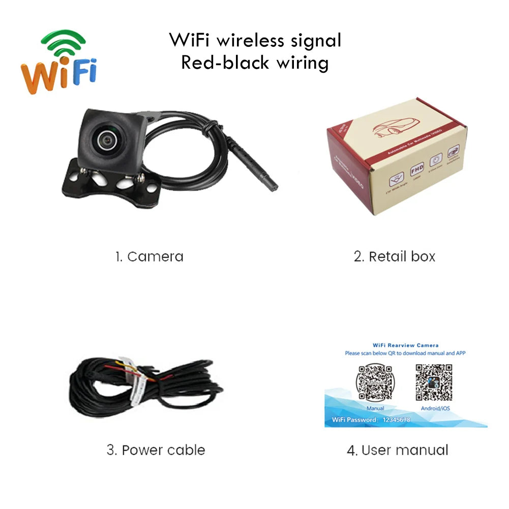 Caméra de Recul Sans Fil 1080P pour Voiture – Vision Nocturne HD, Grand Angle 170°, WiFi Compatible iPhone & Android, Alimentation 12V/24V