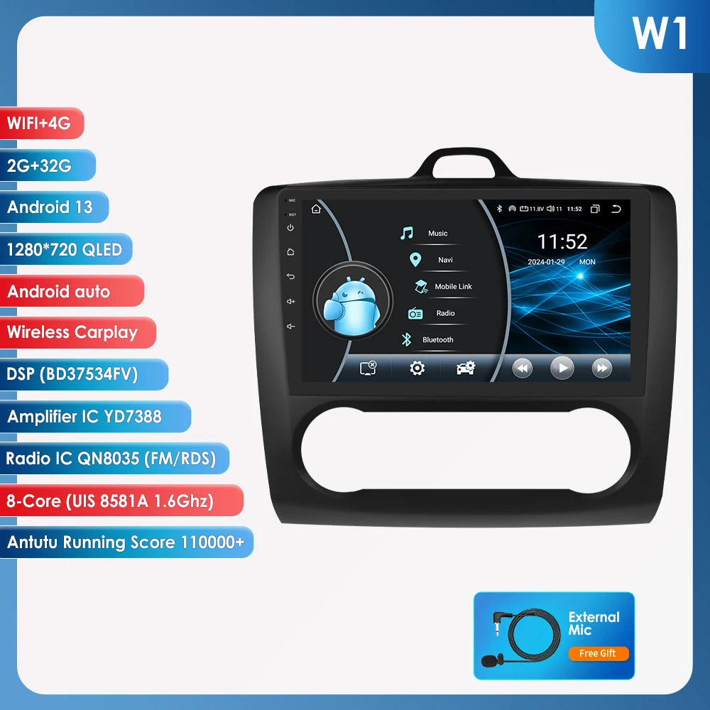 utoradio Android 9" Hizpo 2DIN avec GPS, Bluetooth, 4G, RDS, DSP, SWC et CarPlay – Compatible Ford Focus 2 Mk2 (2004-2011), Processeur UI7862