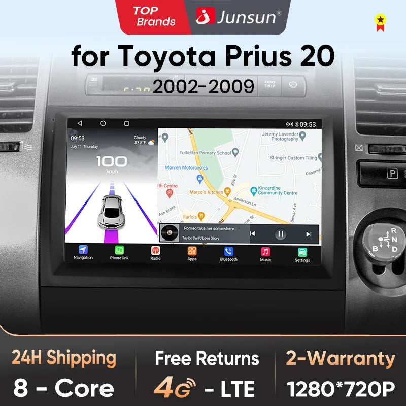 Autoradio multimédia Android 13 Junsun avec processeur Qualcomm 8 cœurs, compatible Toyota Prius 20 (2002 à 2009) – CarPlay sans fil, stéréo intelligente et connectée