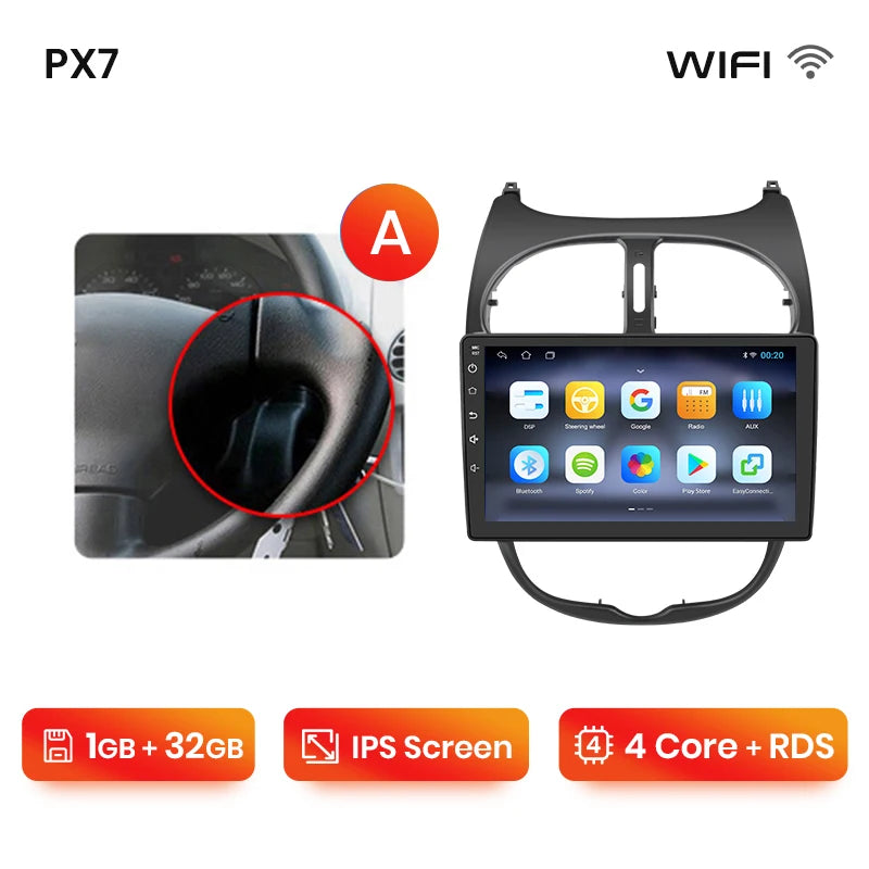 Autoradio écran pour Peugeot 206, 206CC, 206SW avec CarPlay sans fil pour Apple et Android Auto, GPS IPS, RDS, FM, WiFi, Bluetooth 4G, stéréo multimédia à 8 cœurs