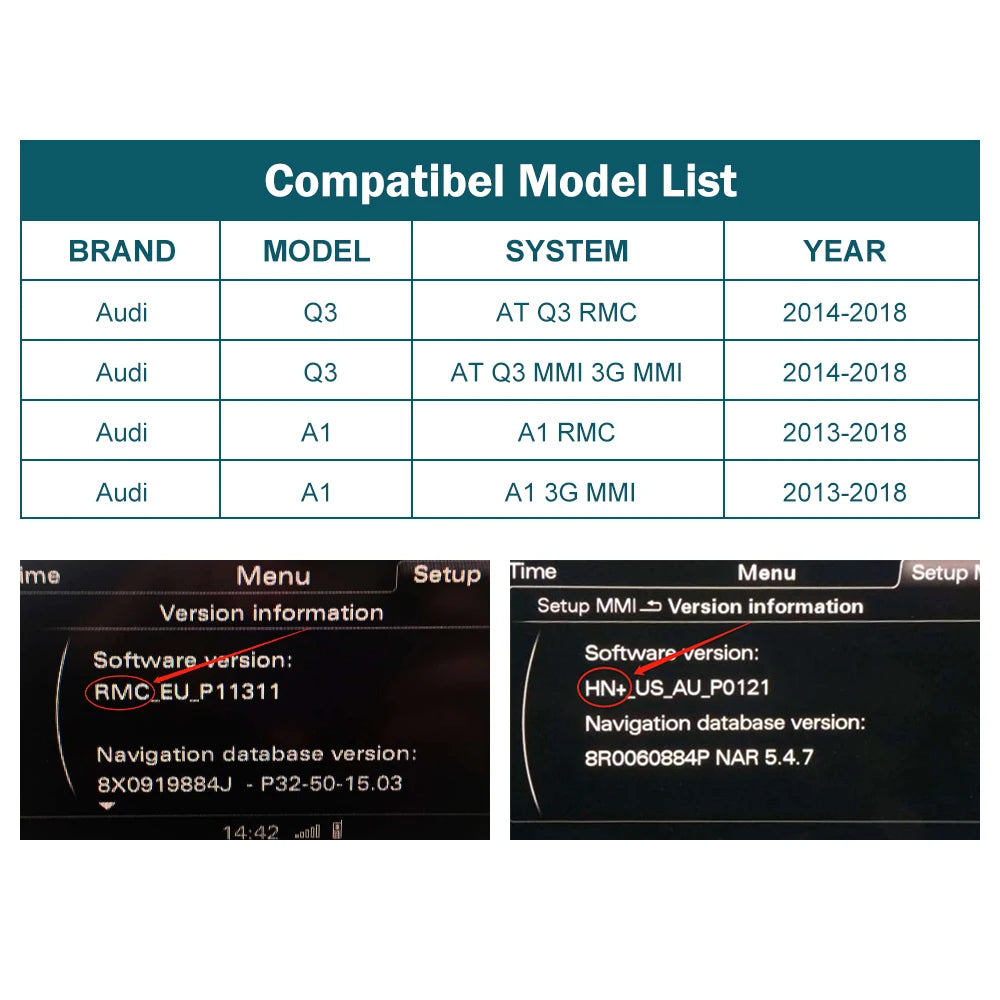 Autoradio écran avec CarPlay et Android Auto sans fil, compatible Audi A1 (2013-2018) et Q3 (2014-2018) – Systèmes RMC et HN+, avec Mirror Link et AirPlay.