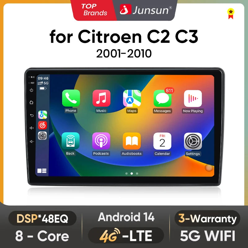 Autoradio Android sans fil Junsun avec CarPlay pour Citroën C2/C3 (2001-2010) – Système intelligent avec RDS, DSP, GPS, FM, Bluetooth et commandes au volant