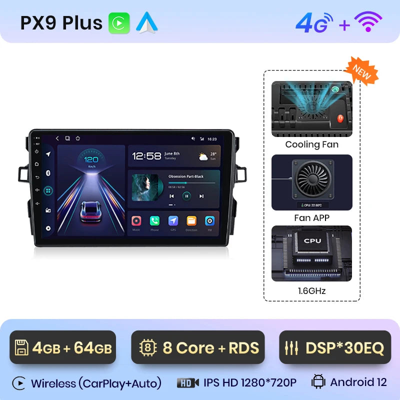Autoradio Android 13 Toyota Auris (2006-2012) CarPlay sans fil et Android Auto, avec écran multimédia stéréo, GPS, RDS et DSP