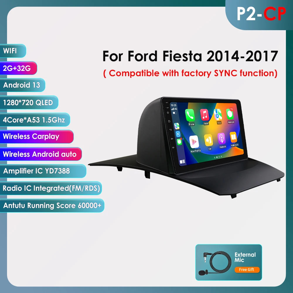 Autoradio 2 DIN Android avec CarPlay pour Ford Fiesta (2009–2017) – Lecteur Multimédia, Écran Intelligent, GPS, Navigation, RDS