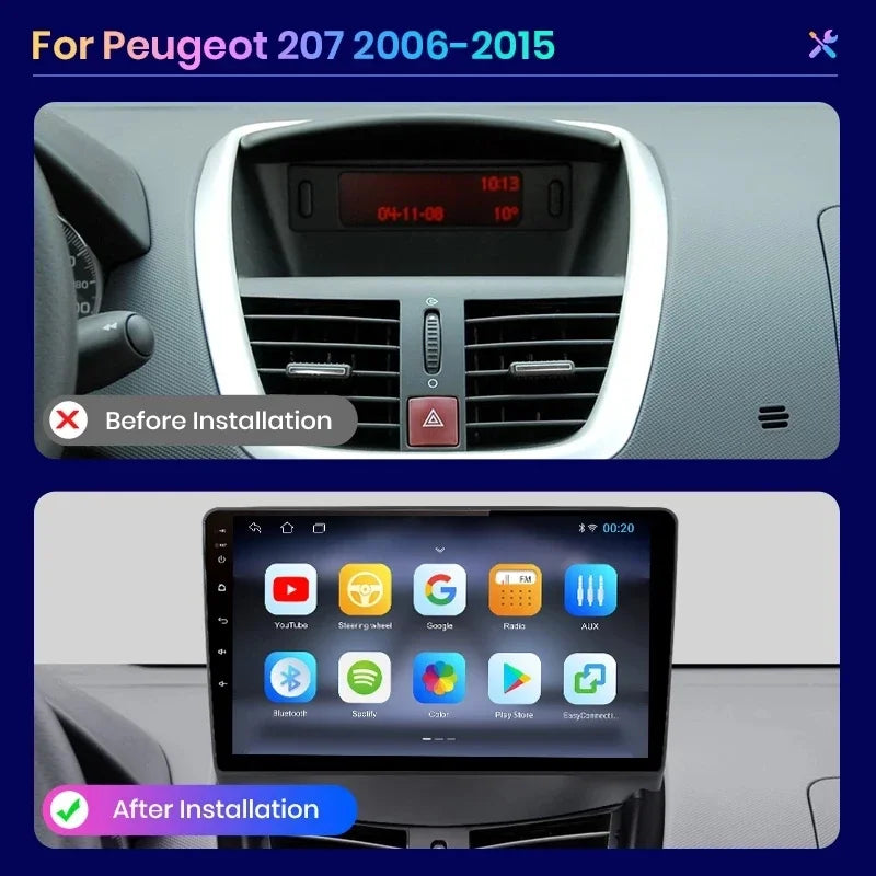 Autoradio écran pour PEUGEOT 207 207CC 2006-2015 avec CarPlay sans fil, Android Auto, GPS, Navi, FM RDS Bluetooth