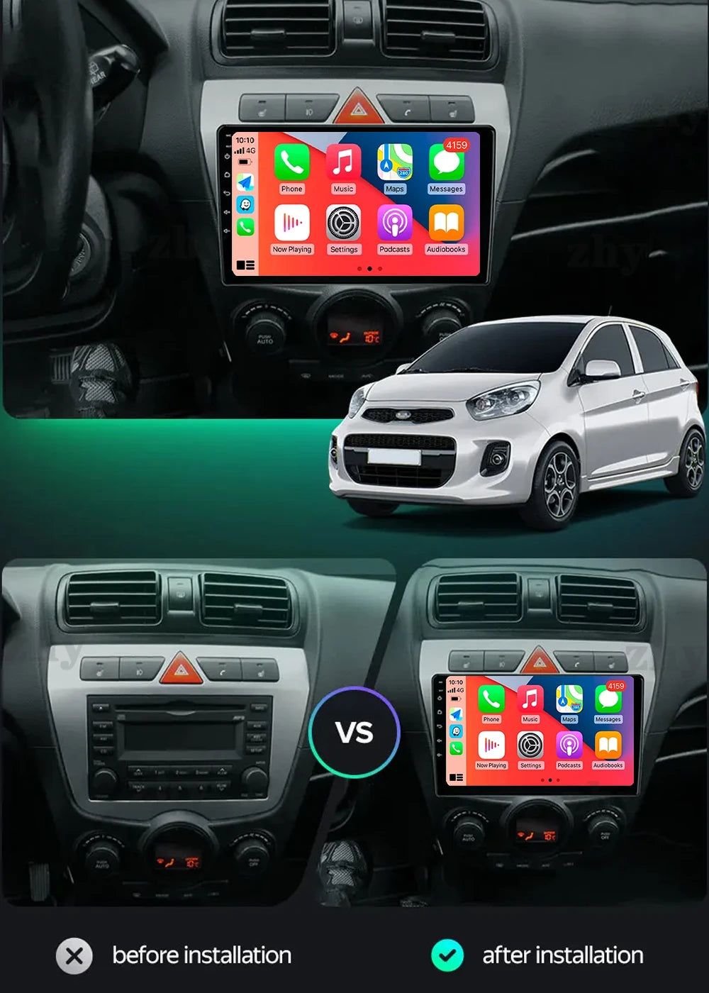 Autoradio Kia Morning / Picanto (2007-2011) Lecteur Vidéo Multimédia avec Écran QLED, CarPlay, 4G et GPS