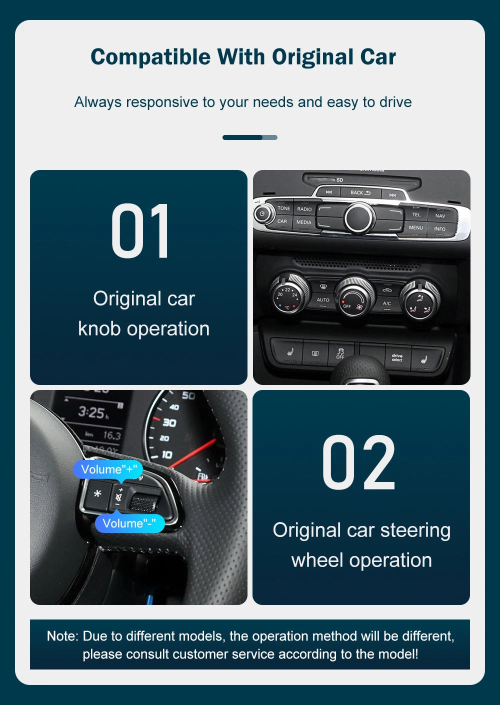 Autoradio écran avec CarPlay et Android Auto sans fil, compatible Audi A1 (2013-2018) et Q3 (2014-2018) – Systèmes RMC et HN+, avec Mirror Link et AirPlay.