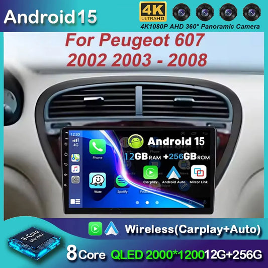 Autoradio Android 15 avec CarPlay pour Peugeot 607 (années 2002 à 2010)