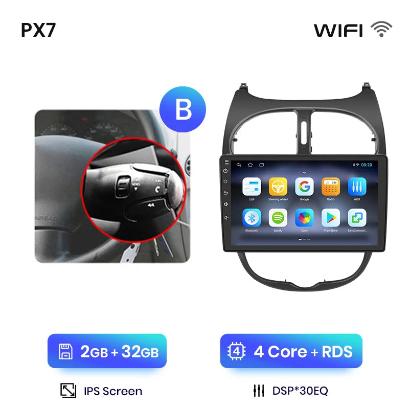 Autoradio écran pour Peugeot 206, 206CC, 206SW avec CarPlay sans fil pour Apple et Android Auto, GPS IPS, RDS, FM, WiFi, Bluetooth 4G, stéréo multimédia à 8 cœurs