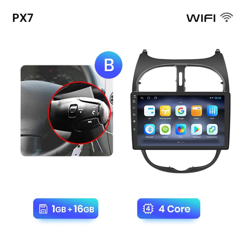 Autoradio écran pour Peugeot 206, 206CC, 206SW avec CarPlay sans fil pour Apple et Android Auto, GPS IPS, RDS, FM, WiFi, Bluetooth 4G, stéréo multimédia à 8 cœurs