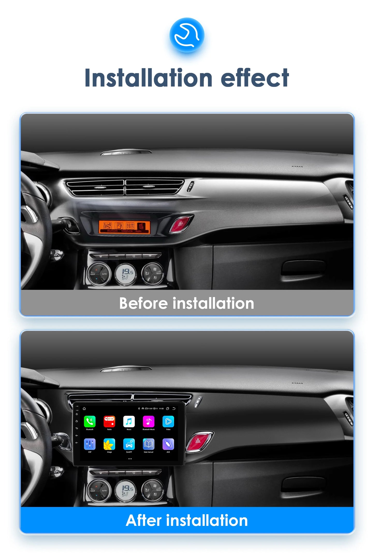 Autoradio Android 13 compatible Citroën C3 et DS3 (2010 à 2016) – Écran tactile multimédia avec GPS intégré, connexion 4G, CarPlay sans fil, Android Auto, Bluetooth et Wi-Fi.
