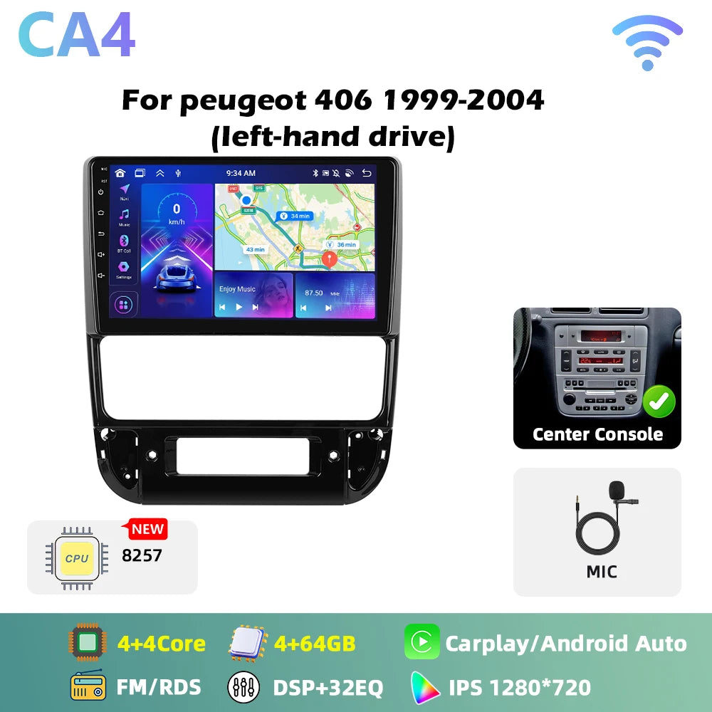 Autoradio Peugeot 406 (1999–2004) – Compatible CarPlay, Android AUto, GPS, FM, multimédia 2DIN