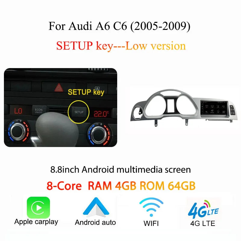 Autoradio multimédia Android sans fil Bonroad avec CarPlay pour Audi A6 C6 4F (2005-2012) – Compatible MMI 2G/3G, Bluetooth, GPS, radio et écran stéréo