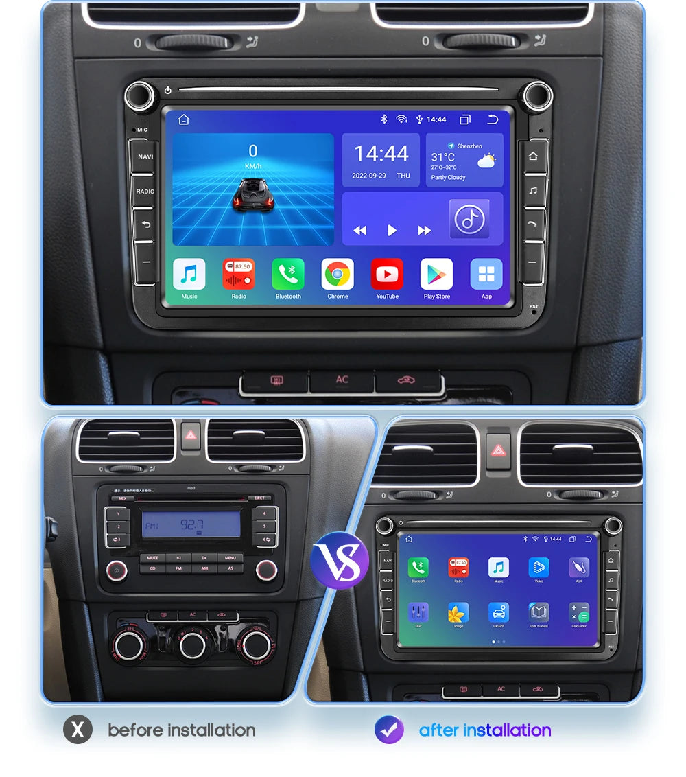 Autoradio Android avec CarPlay et GPS pour VW Caddy, Polo 5, Golf 5/6 Plus, Passat B6, Jetta, Tiguan, Touran, Sharan, Scirocco, Eos et Seat.