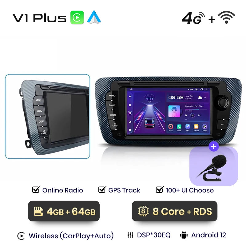 Autoradio écran avec CarPlay sans fil, Android Auto et GPS pour Seat Ibiza 6J (2009-2013) – Système multimédia intelligent pour voiture.