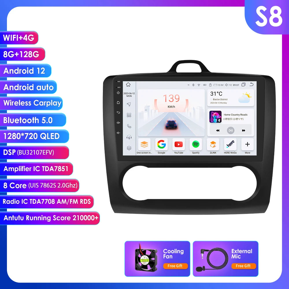 utoradio Android 9" Hizpo 2DIN avec GPS, Bluetooth, 4G, RDS, DSP, SWC et CarPlay – Compatible Ford Focus 2 Mk2 (2004-2011), Processeur UI7862