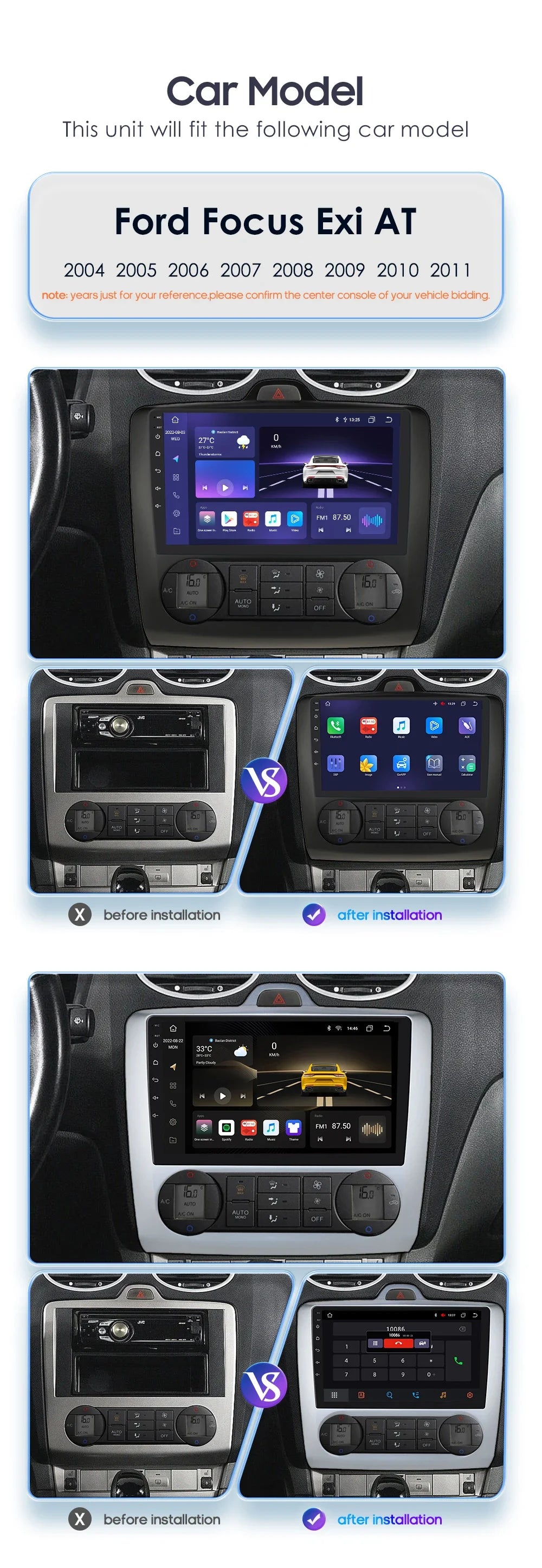 utoradio Android 9" Hizpo 2DIN avec GPS, Bluetooth, 4G, RDS, DSP, SWC et CarPlay – Compatible Ford Focus 2 Mk2 (2004-2011), Processeur UI7862