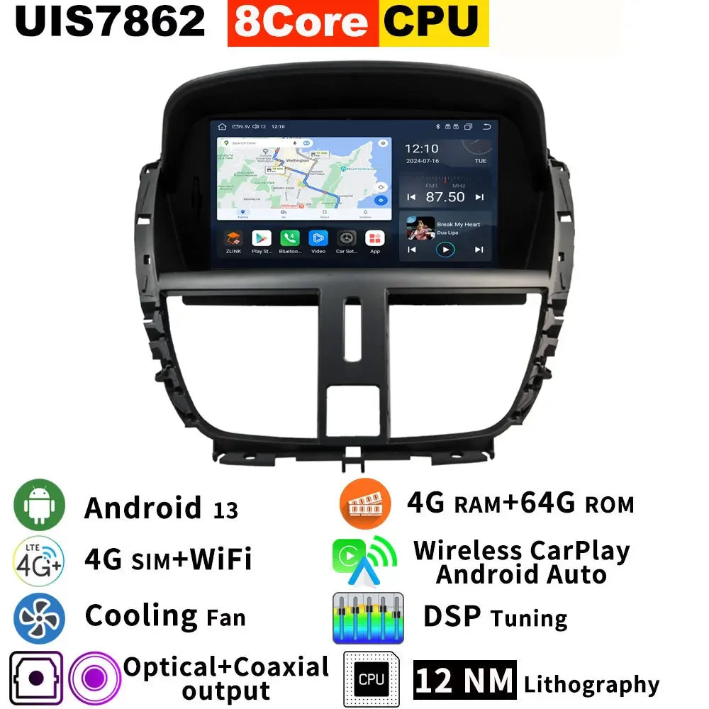 Autoradio Android 13 pour Peugeot 206+ (2006-2015) avec GPS, CarPlay et Bluetooth