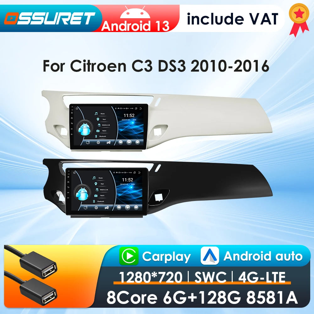 Autoradio Android 13 compatible Citroën C3 et DS3 (2010 à 2016) – Écran tactile multimédia avec GPS intégré, connexion 4G, CarPlay sans fil, Android Auto, Bluetooth et Wi-Fi.