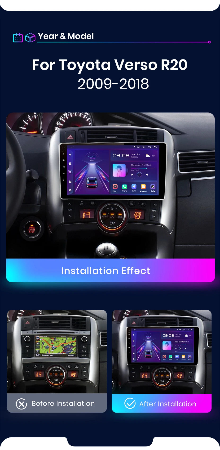 Autoradio CarPlay & Android Auto pour Toyota Verso R20 (2009-2018) Système Multimédia Intelligent avec GPS Intégré