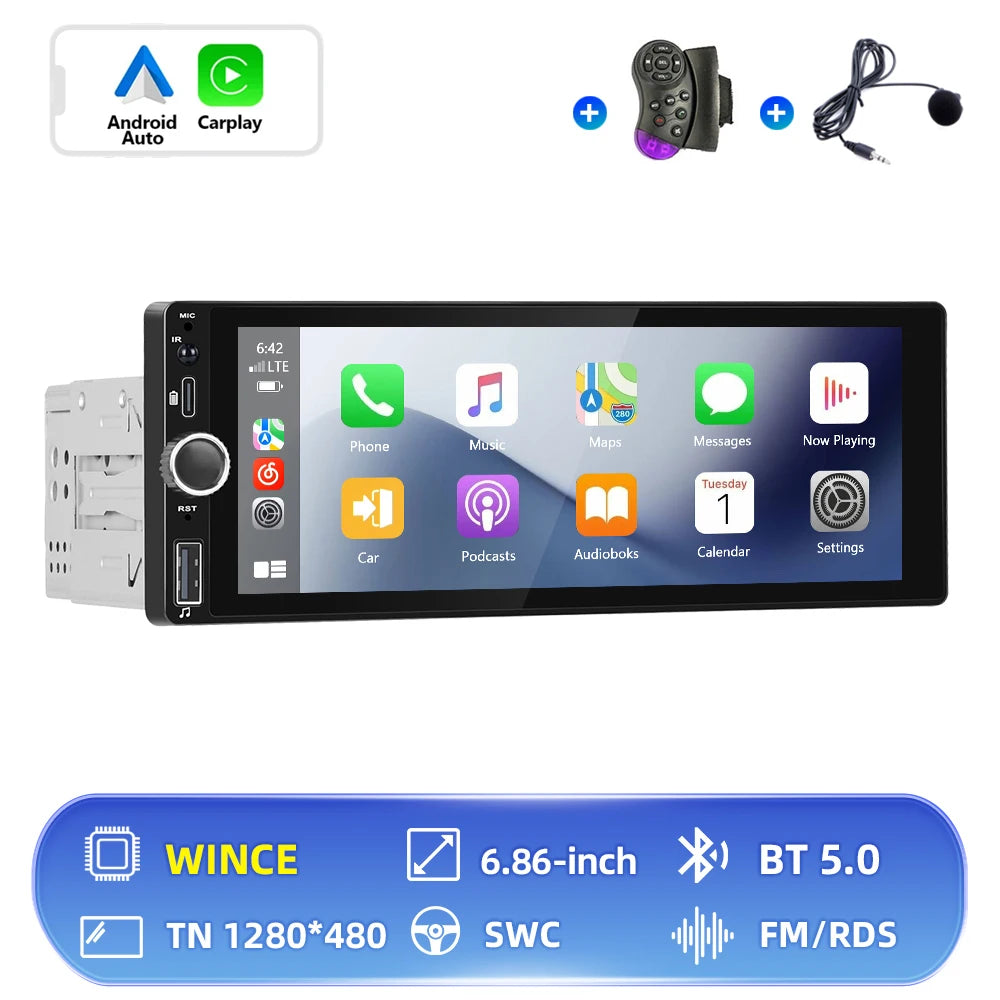 CarPlay Autoradio Android 1Din 6.86" GPS Navigation Player avec Android Auto, FM, WiFi, USB et Caméra de Recul