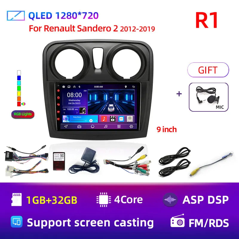 Autoradio Multimédia Android 12 avec GPS pour Renault Logan 2 / Sandero 2/ Stepway (2012 - 2019) – Écran 2 Din, Lecteur Vidéo, Stéréo, DVD, CarPlay