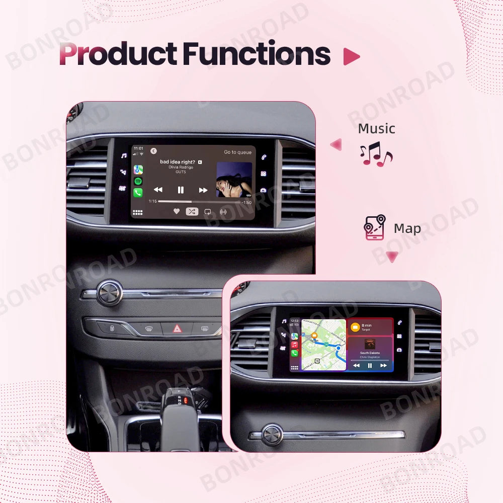 Android Auto et CarPlay sans fil pour Peugeot et Citroën – Compatible avec systèmes SMEG/MRN : Picasso, C4, C5, DS3, DS4, 208, 308, 508, 3008 – Connexion Bluetooth et MirrorLink